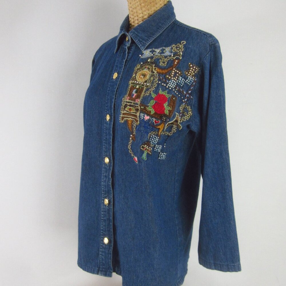 Vtg Le Fate Sono Maglie Womens Small Blue Denim Embroidered Beaded Shirt Italy